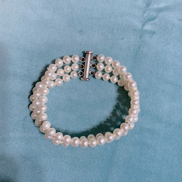 3 Row Pearl Sterling Silver Bracelet - Picture 1 of 3